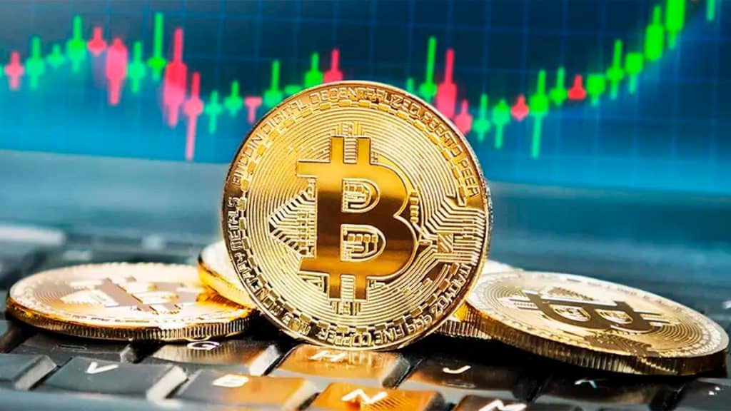 Moedas de Bitcoin com linhas de progressão de valores de ações financeiras
