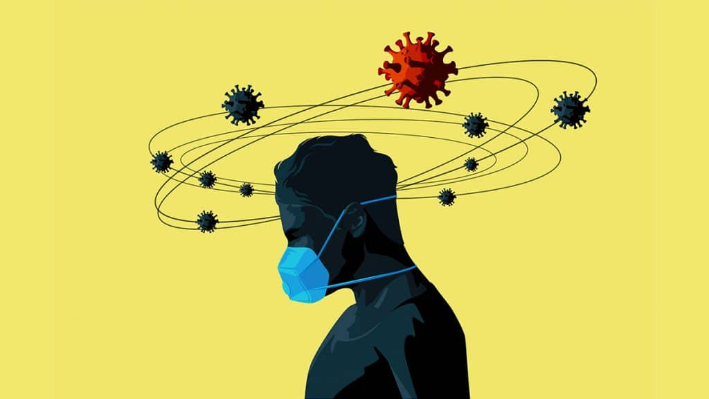 Ilustração de homem com máscara PFF2 com sintomas de Covid