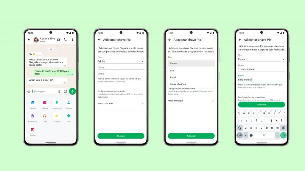 Montagem com telas mostrando como colocar Pix no perfil do WhatsApp