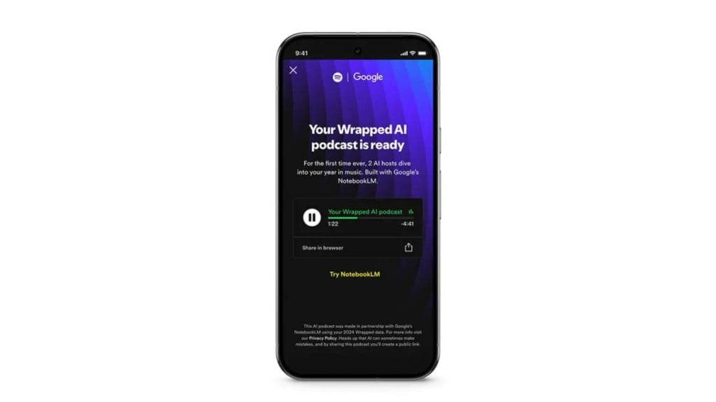 Montagem com celular mostrando podcast gerado por IA de retrospectiva do Spotify de 2024