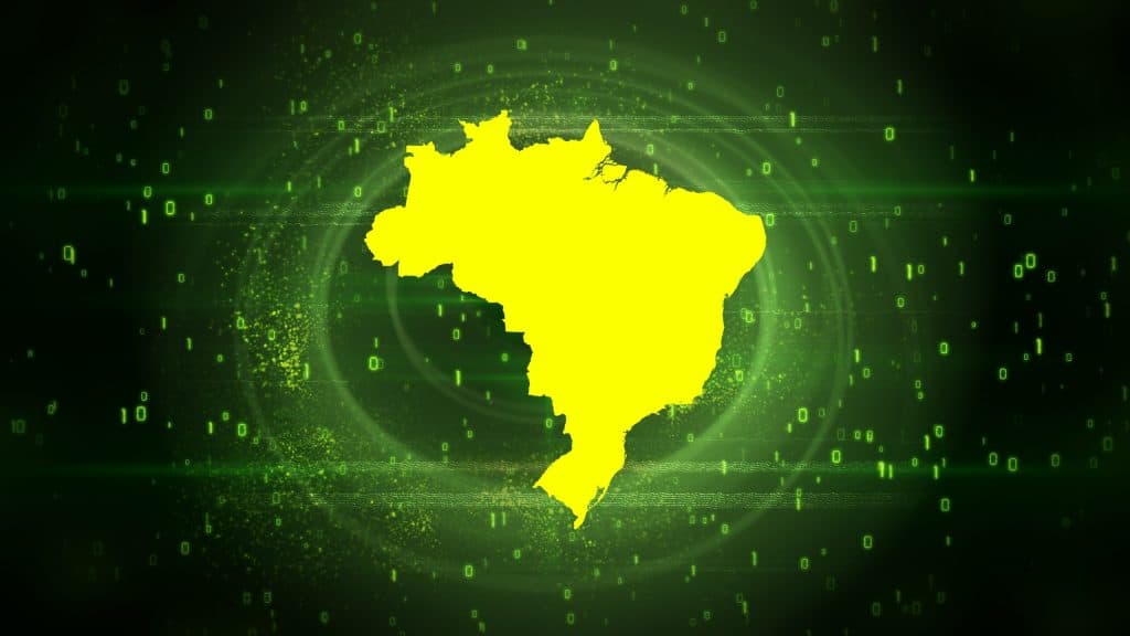 Mapa do Brasil, em amarelo, com um fundo verde