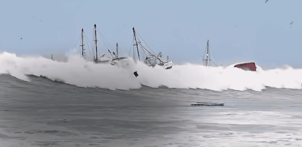Ondas gigantes acertando embarcações