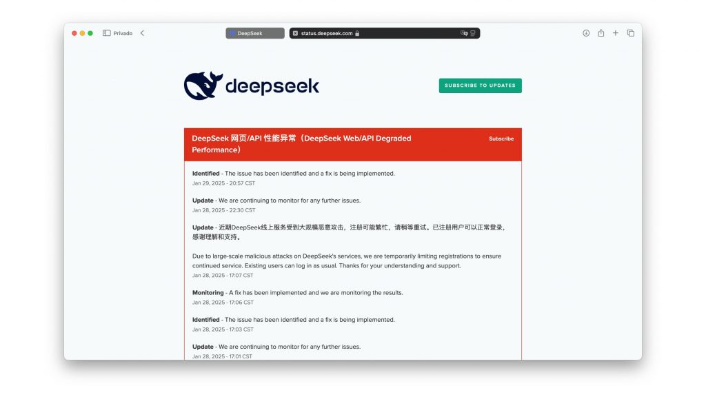 Captura de tela de página de status do DeepSeek avisando que performance da plataforma está degradado