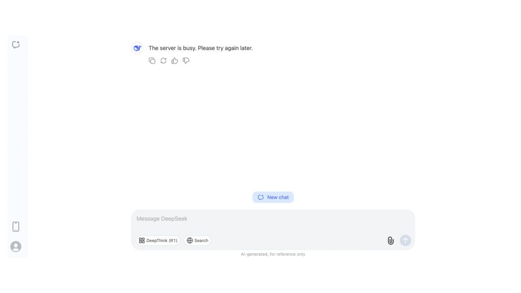 Captura de tela de mensagem no DeepSeek avisando que servidor está ocupado