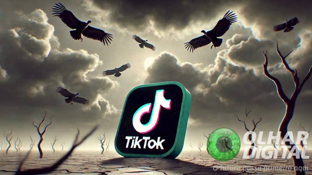 Ilustração de ícone do TikTok meio tombado no deserto enquanto abutres voam em círculos sobre ele