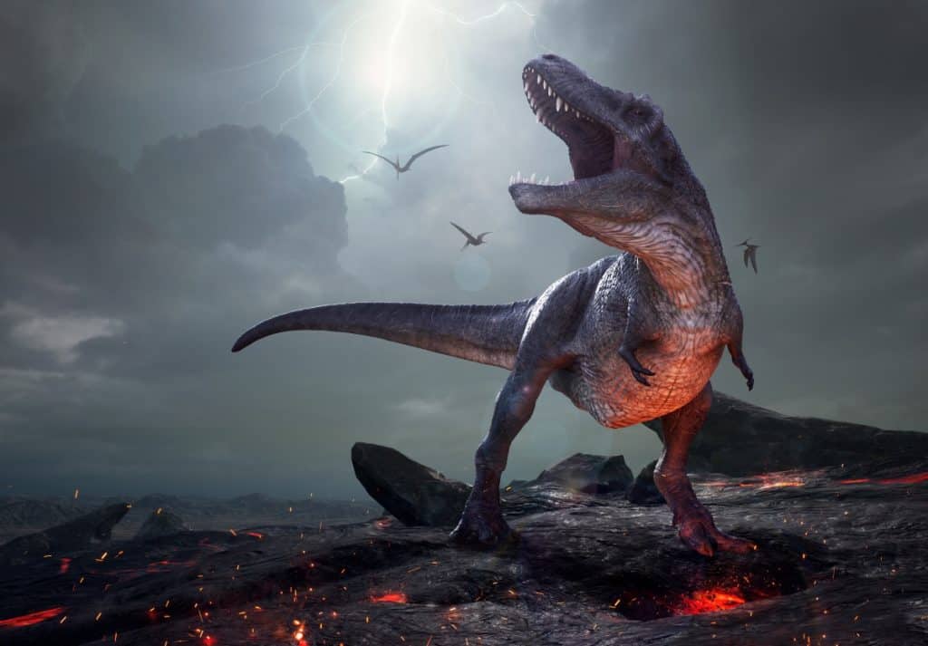 Dinossauro sob a luz do luar urrando