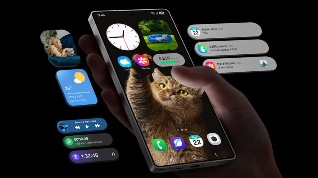 Montagem com pessoa usando Galaxy S25 Ultra enquanto recursos do One UI 7 flutuam ao redor
