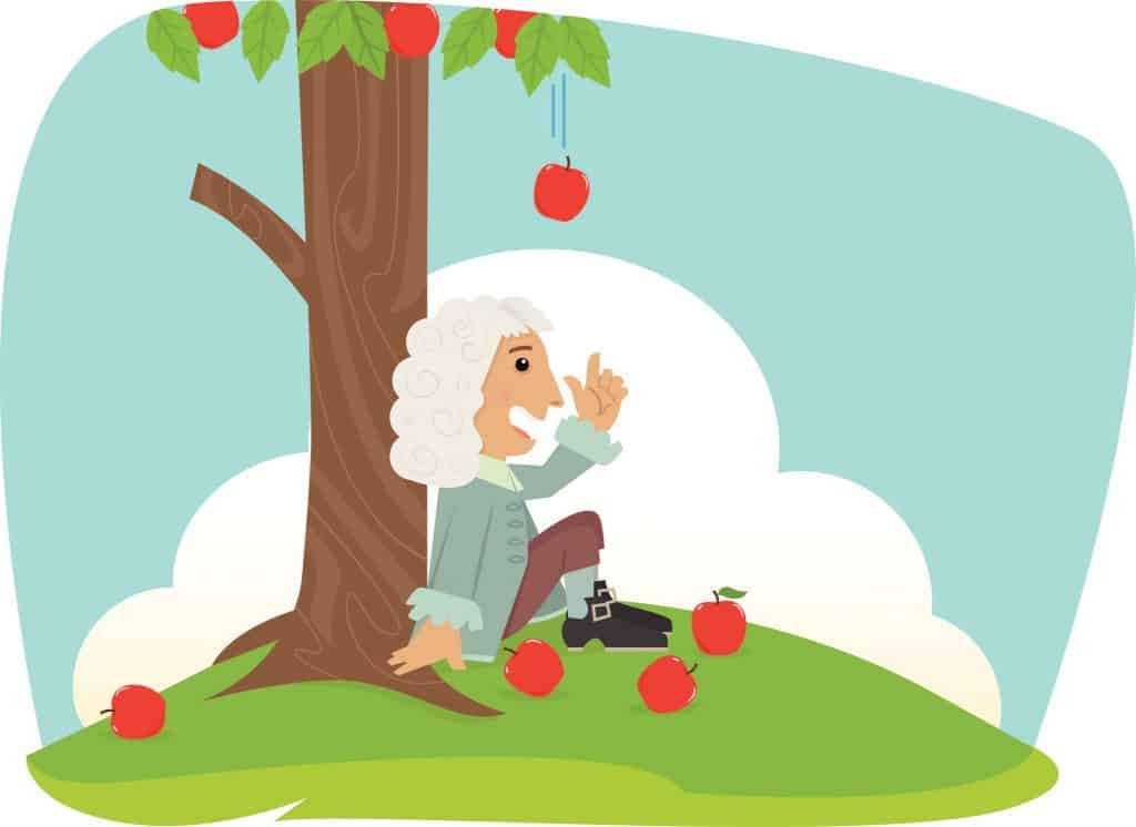 Ilustração de Isaac Newton descobrindo a gravidade com a queda de uma maça em sua cabeça