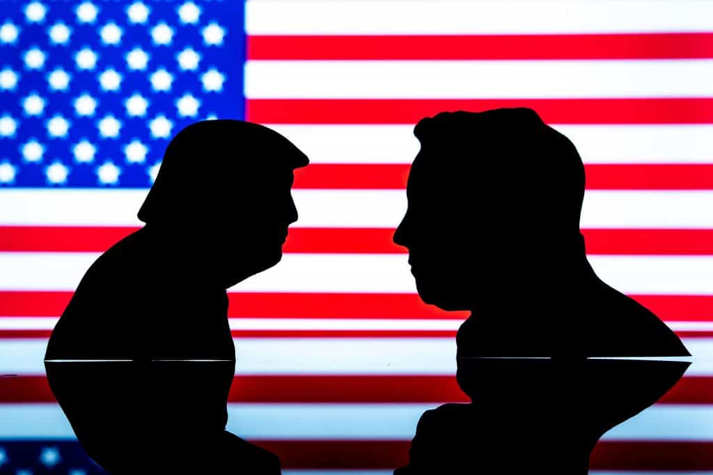 Silhuetas de Donald Trump e Elon Musk; ao fundo, bandeira dos Estados Unidos