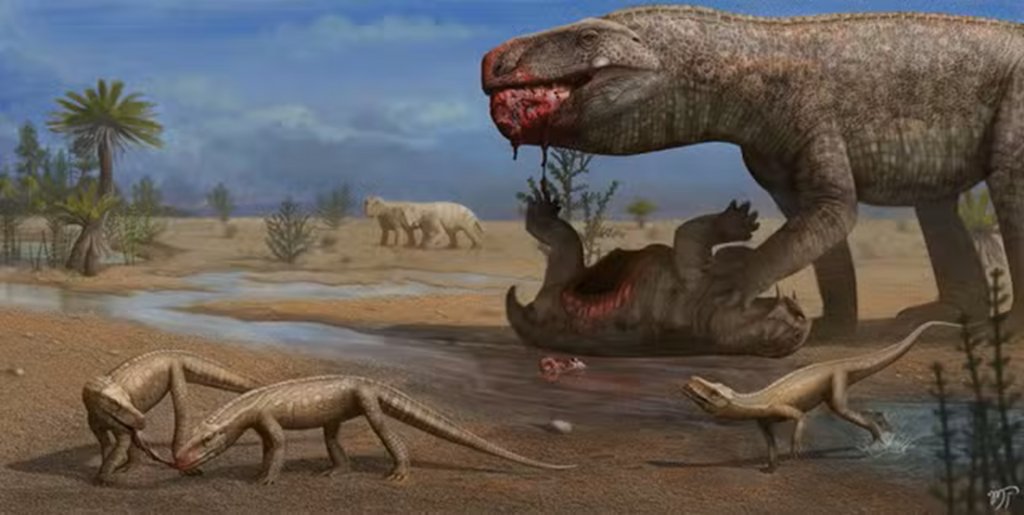 Representação artística de paisagem do Triássico-Médio do Sul do Brasil; pequenos répteis disputam carcaça de dinossauro