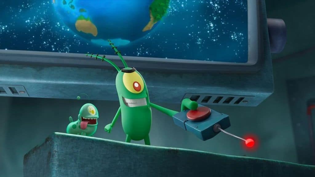 Plankton segura um controle remoto com botão vermelho aceso, sorrindo maliciosamente, enquanto uma tela ao fundo exibe a Terra no espaço