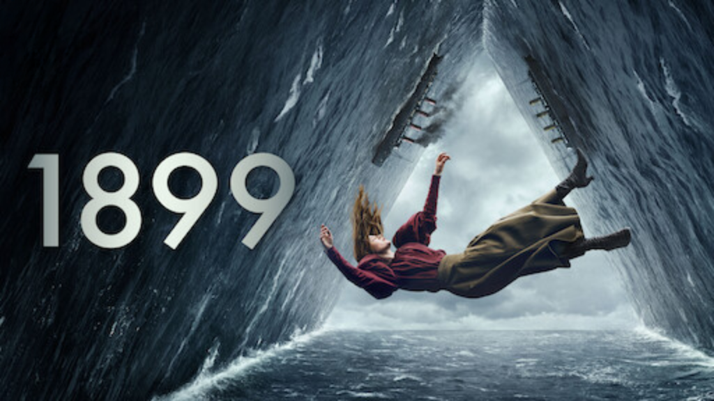 Arte promocional da série "1899", da Netflix. A imagem mostra uma mulher vestida com roupas de época caindo no meio do oceano, enquanto o mar forma um triângulo invertido, criando uma ilusão surrealista. O título "1899" aparece em destaque.