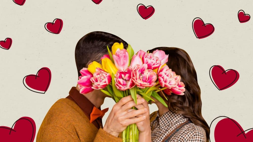 Imagem colagem composta de um casal engraçado dançando, escondendo o rosto, com um buquê de flores, conceito de dia dos namorados, esquisito, bizarro, incomum, fantasia.