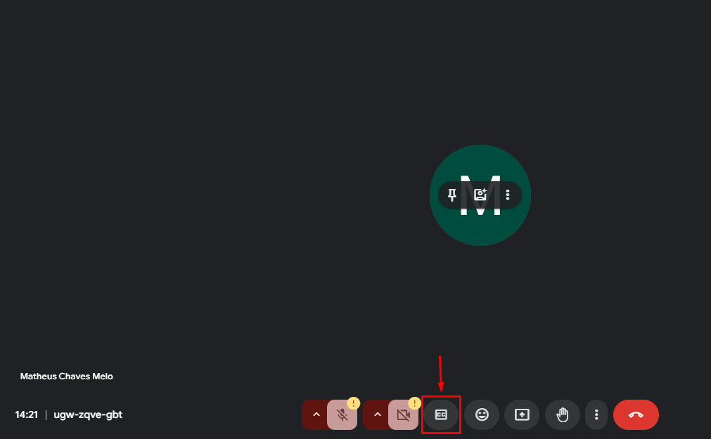 Ícone para ativar a legenda no Google Meet