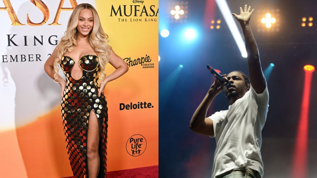Montagem com fotos da Beyoncé e do Kendrick Lamar, destaques do Grammy Awards de 2025