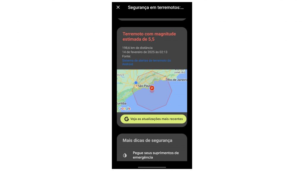 Captura de tela de alerta de terremoto emitido pelo Android para quem estava em São Paulo e no Rio de Janeiro