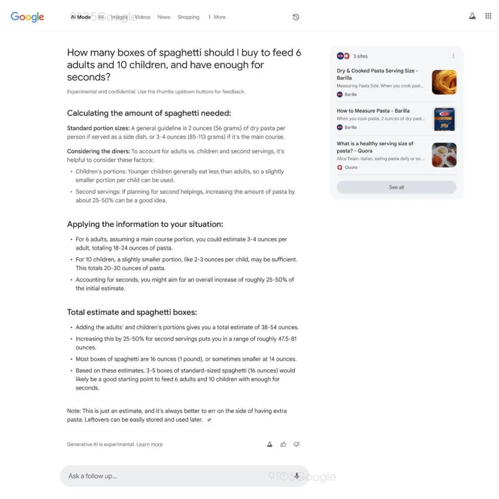 Captura de tela com exemplo do Modo IA no Google