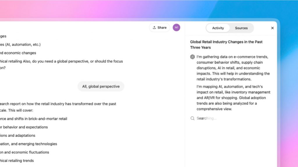 Montagem com janela do ChatGPT rodando o Deep Research da OpenAI; imagem mostra resumo do processo do agente de inteligência artificial, apresentado numa coluna à direita da janela