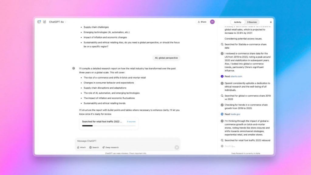Janela do ChatGPT mostrando conversa, barra de progresso e resumo do processo do Deep Research enquanto inteligência artificial faz pesquisa na internet