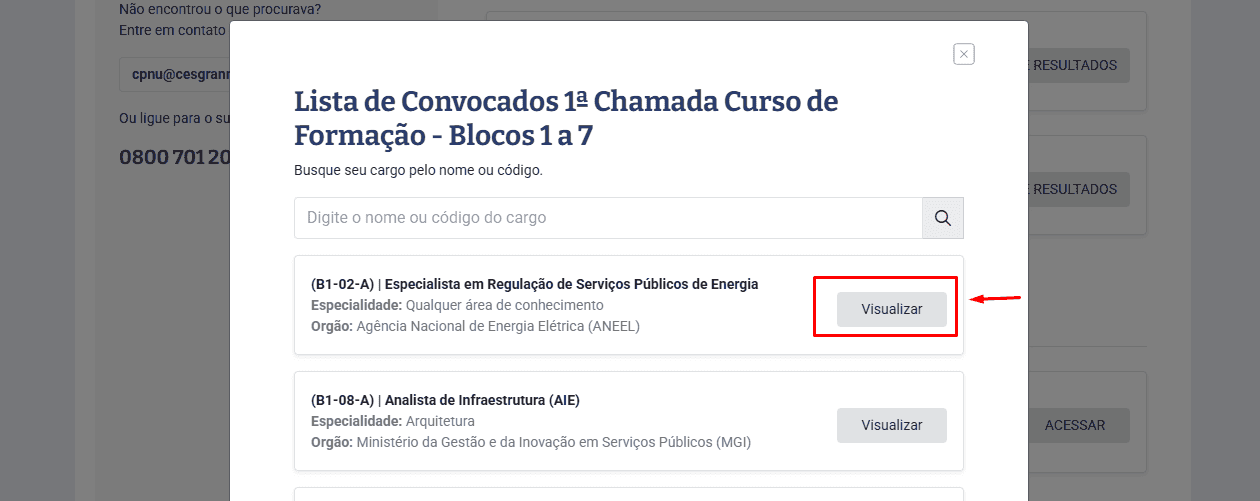 Passo 2 para ver lista de convocados para o curso nas área de nível superior do CNU