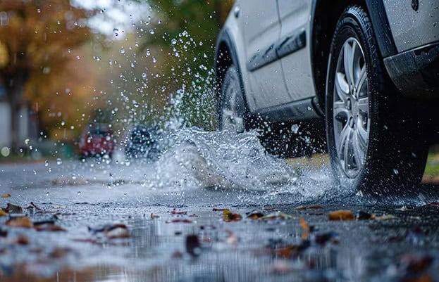 Roda de carro em uma estrada com água