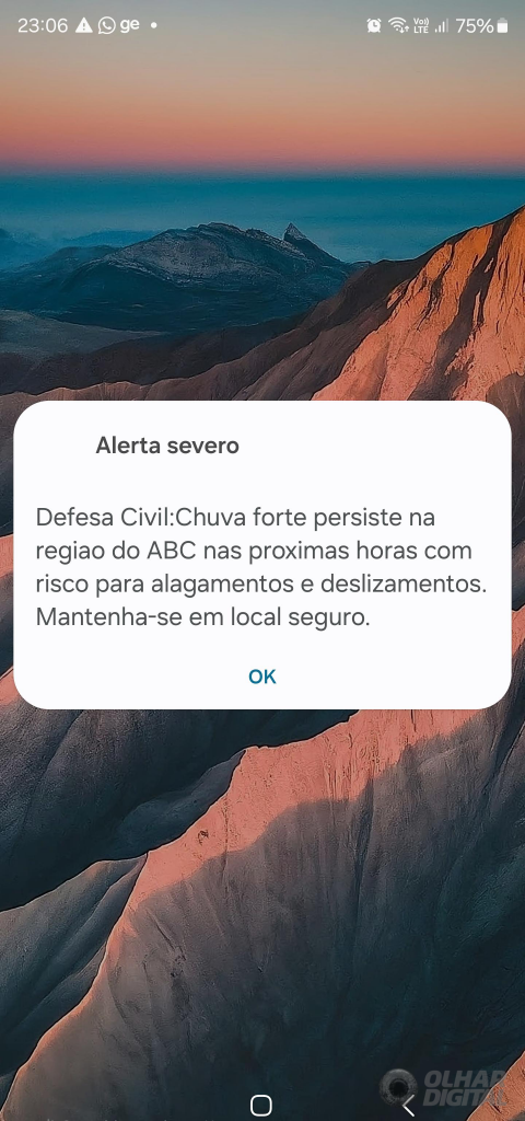Alerta enviado pela Defesa Civil