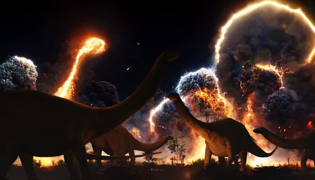 Chuva de fogo no céu; abaixo, dinossauros