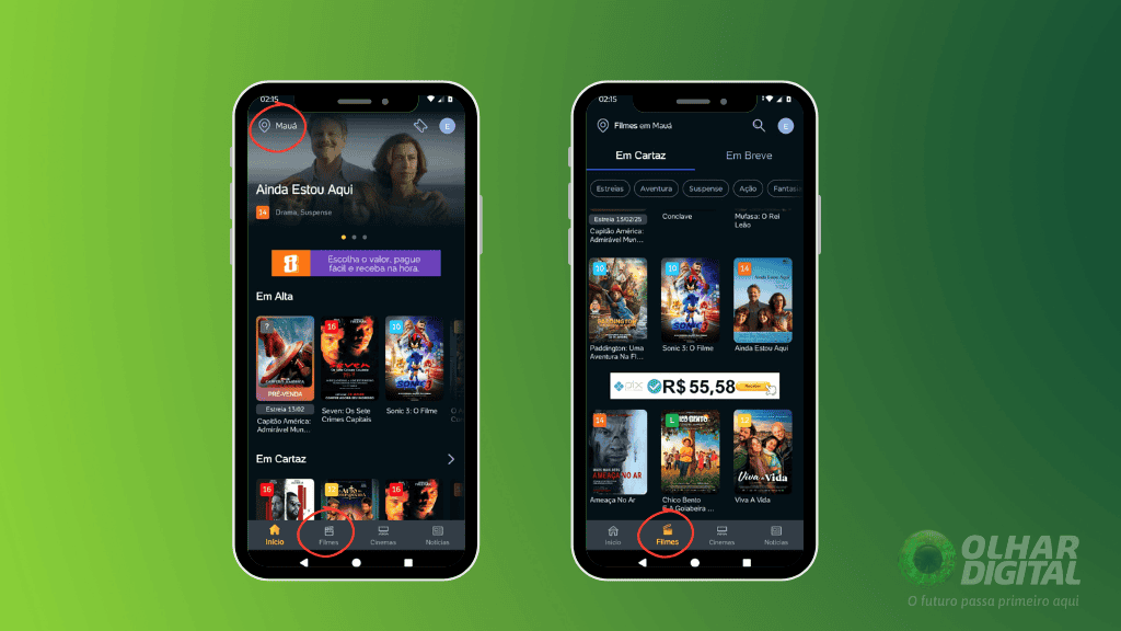 Dois smartphones são exibidos lado a lado. Ambos exibindo o aplicativo do Ingresso.com. O fundo tem um gradiente verde, e no canto inferior direito está o logotipo do Olhar Digital