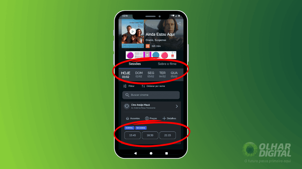 Um smartphone é exibido com a tela do aplicativo do Ingresso.com aberta. O fundo tem um gradiente verde, e no canto inferior direito está o logotipo do Olhar Digital