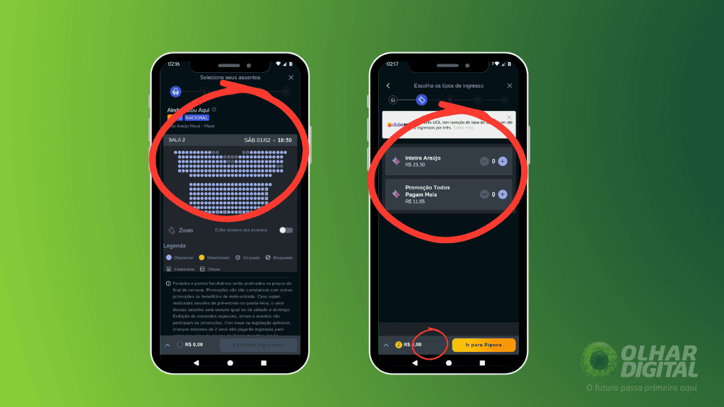 Dois smartphones são exibidos lado a lado. Ambos exibindo o aplicativo do Ingresso.com. O fundo tem um gradiente verde, e no canto inferior direito está o logotipo do Olhar Digital