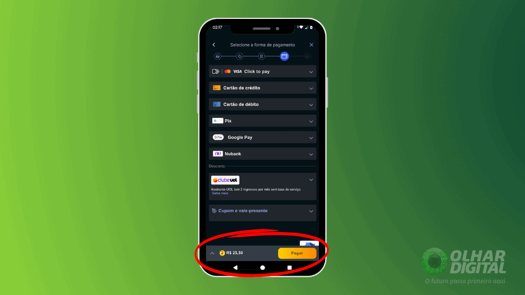 Um smartphone é exibido com a tela do aplicativo do Ingresso.com aberta. O fundo tem um gradiente verde, e no canto inferior direito está o logotipo do Olhar Digital