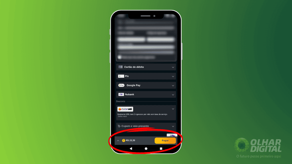 Um smartphone é exibido com a tela do aplicativo do Ingresso.com aberta. O fundo tem um gradiente verde, e no canto inferior direito está o logotipo do Olhar Digital