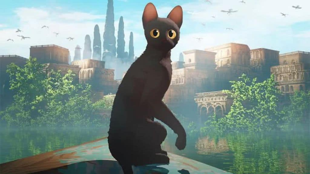 Gato preto de olhos grandes está sentado em um barco, olhando para frente. Ao fundo, uma cidade com arquitetura antiga e vegetação exuberante reflete sobre as águas, enquanto pássaros voam no céu azul. Filme Flow - Oscar 2025