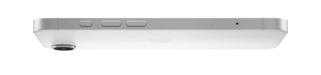 Destaque da lateral e da traseira do iPhone 16E, que está na horizontal
