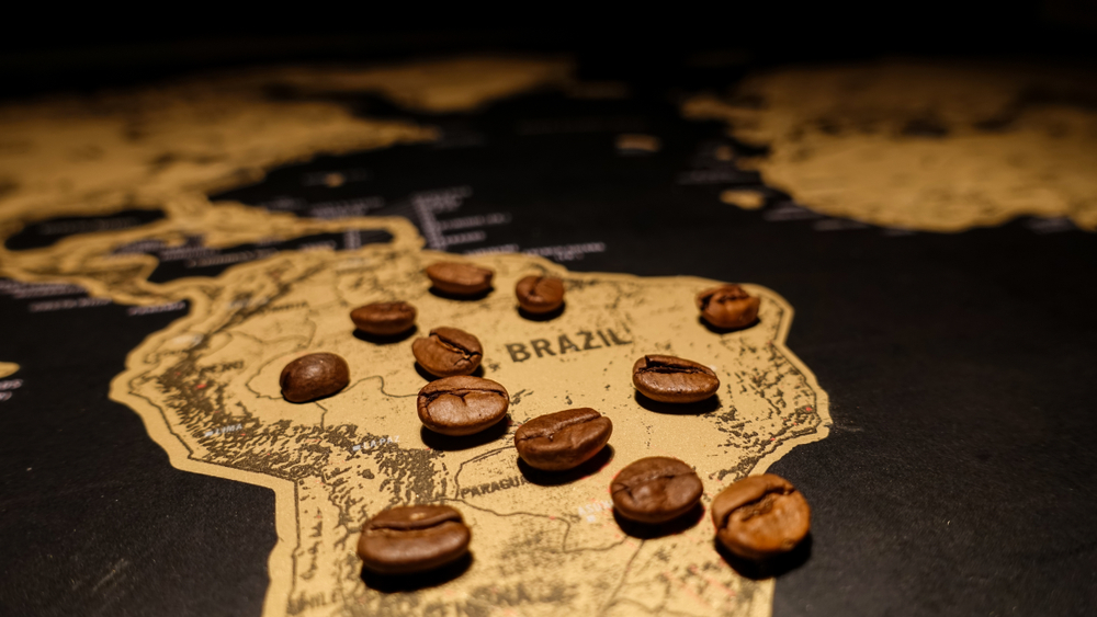 Imagem mostra um mapa do Brasil com grãos de café espalhados.