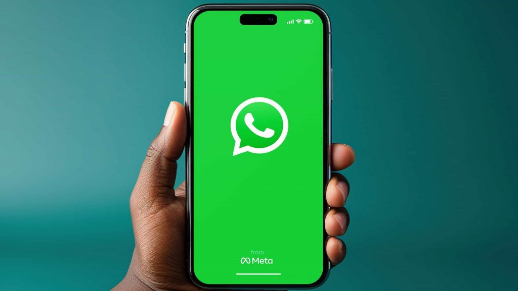 Pessoa segurando iPhone 15 Pro com logomarca do WhatsApp na tela