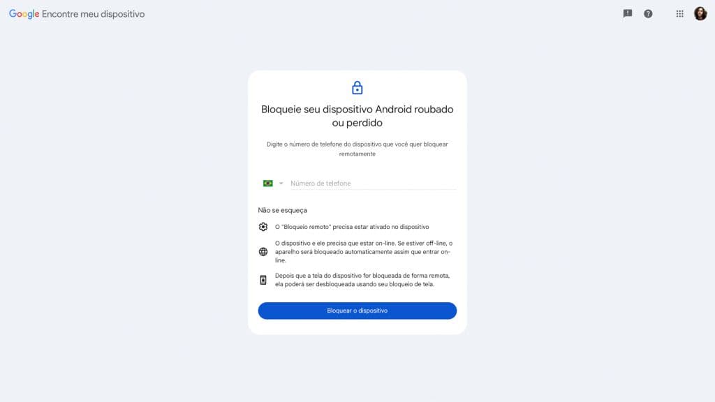 Captura de tela de site onde usuário pode bloquear remotamente seu celular Android