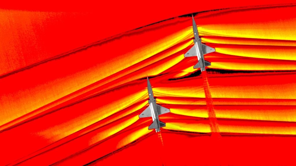 Imagem mostrando aviões supersônicos quebrando barreira do som