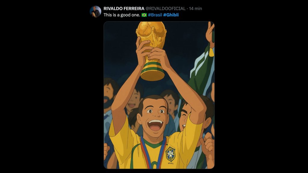 Captura de tela de postagem no X com imagem gerada pelo ChatGPT no estilo Studio Ghibli do jogador Rivaldo, da Seleção Brasileira, levantando taça da Copa do Mundo