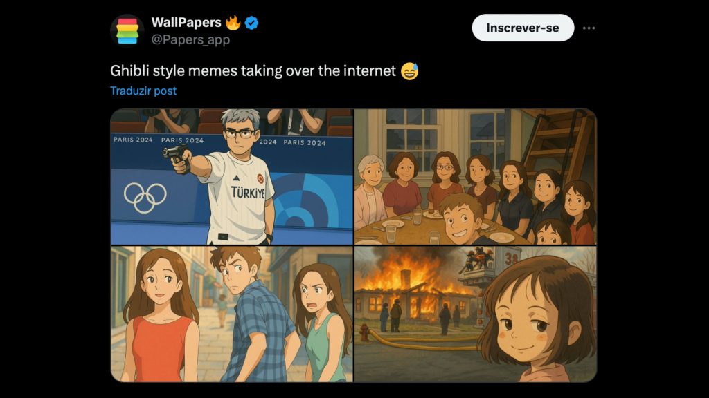 Captura de tela de postagem no X com imagens geradas pelo ChatGPT no estilo Studio Ghibli de memes famosos