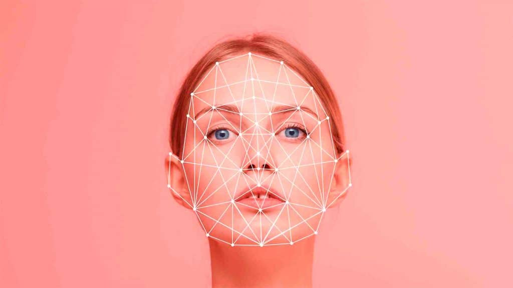 Ilustração de tecnologia de reconhecimento facial em cima de rosto de mulher