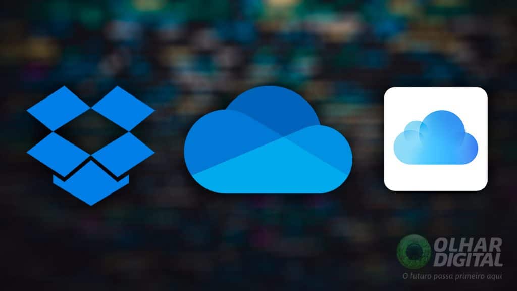 Logomarcas do Dropbox, OneDrive e iCloud Drive em frente tela com códigos de programação