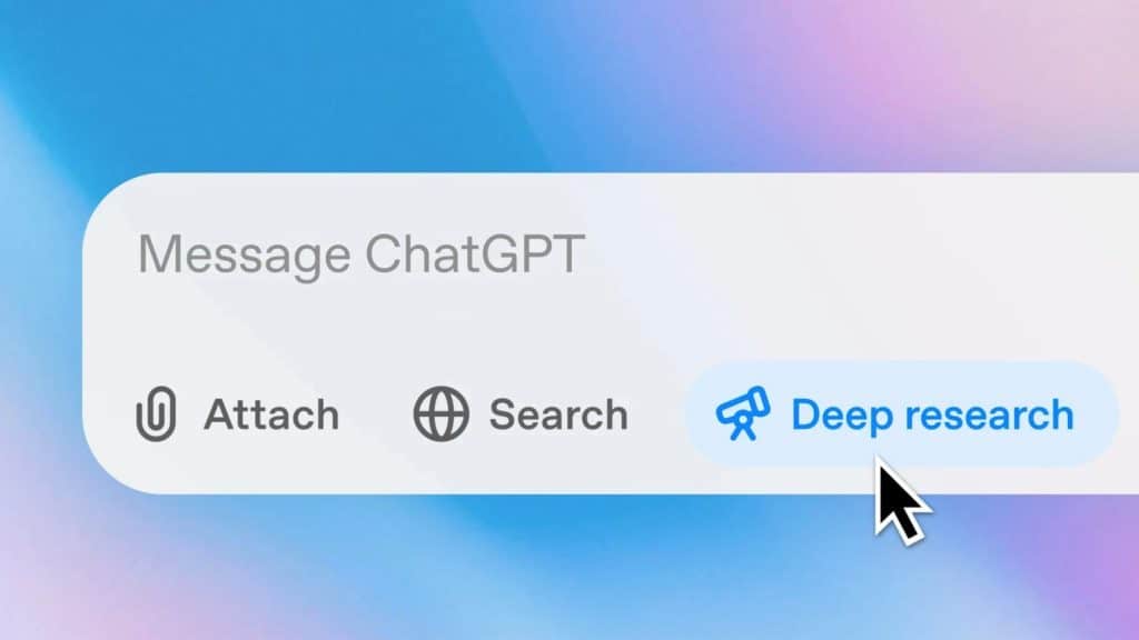 Montagem mostrando cursor em cima de botão do Deep Research da OpenAI na caixa de mensagens do ChatGPT