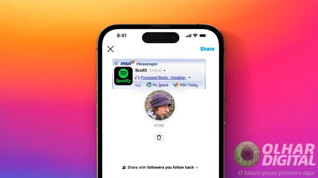 Montagem com nota do Instagram, janela do MSN e logotipo do Spotify