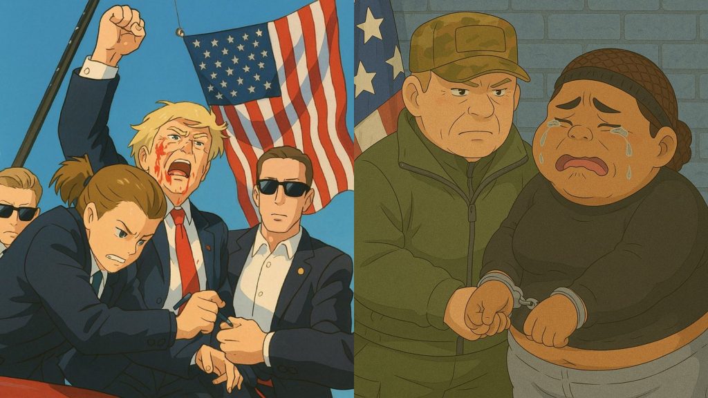 Montagem com ilustrações no estilo Studio Ghibli geradas pelo ChatGPT envolvendo Donald Trump e seu governo