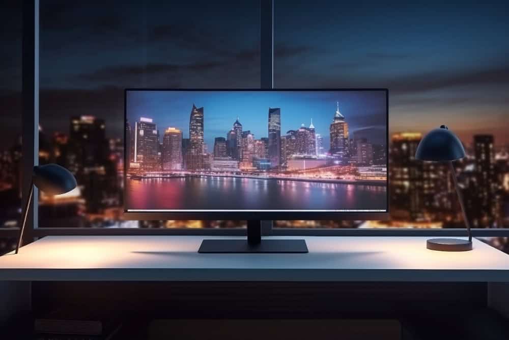 imagem mostra um monitor ultrawide numa mesa em frente a uma janela, cuja vista é uma cidade à noite
