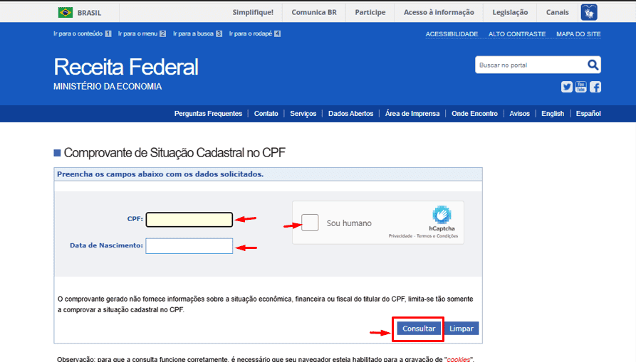 Primeiro passo para consultar situação do CPF