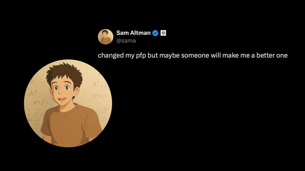 Montagem com imagem de perfil do CEO da OpenAI, Sam Altman, feita no ChatGPT no estilo Studio Ghibli ao lado de postagem dele sobre isso