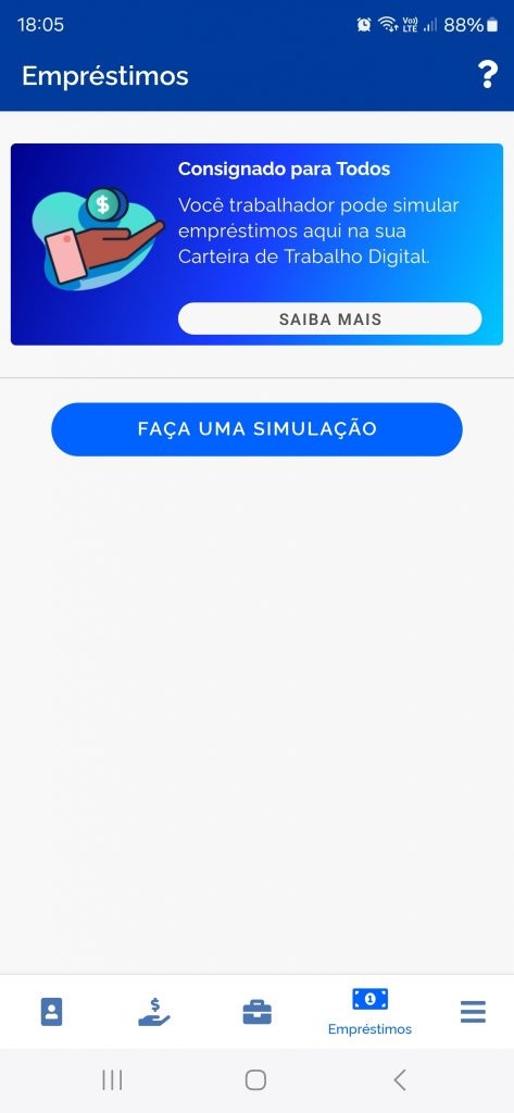 Tela da CTPS Digital onde se solicita empréstimos