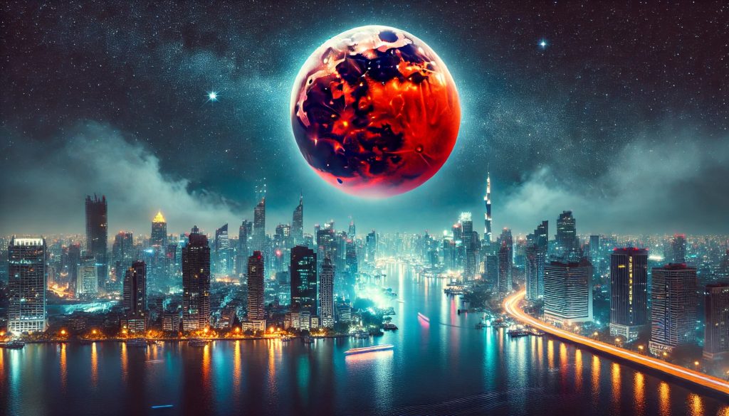 Imagem artificial de um eclipse lunar total formando uma Lua de Sangue